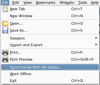 ファイルメニューの下の方に「Synchronize With My Opera」が追加されているのでそれを開く。
